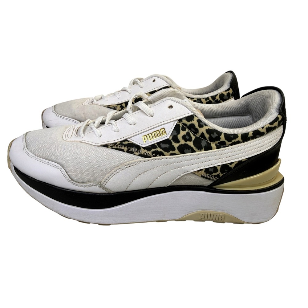 PUMA Womens 9 White Leopard Print Platform Sneakers Gold Black 384199-01